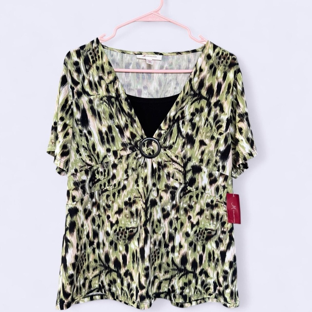 JM Collection Tribal Spirit Paisley Ikat Top Large Boho Chic Stretch Blouse NWT
